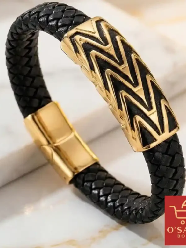 Bracelet-tresse-cuir-noir-or