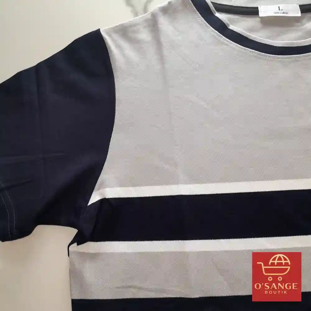 T-shirt Gris et Bleu Marine à Rayures Centrales – Image 2