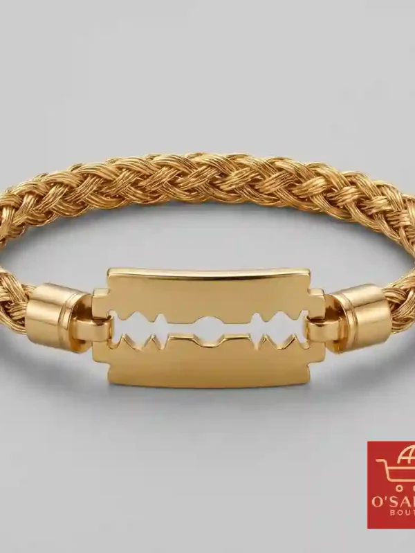 Bracelet homme tressé plaqué Or avec motif lame sur plaque centrale dorée