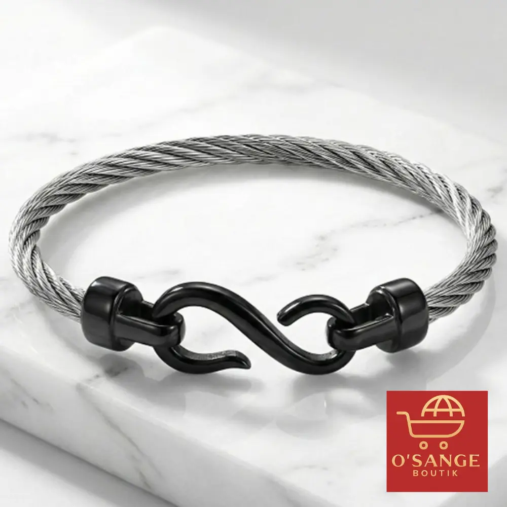 Bracelet homme en acier inoxydable avec câble tressé argent et fermoir crochet noir